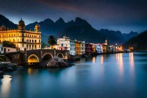 foto sfondo il cielo, montagne, acqua, ponte, edifici, lago, il città, il. ai-generato