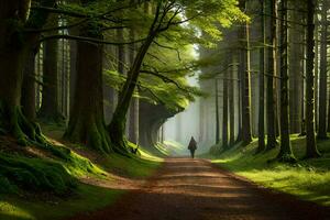 un' persona a piedi giù un' sentiero nel il mezzo di un' foresta. ai-generato foto
