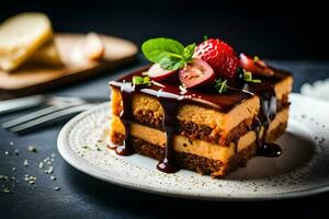 un' pezzo di torta con cioccolato salsa e fragole. ai-generato foto