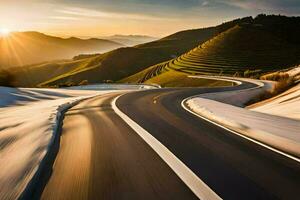 un' avvolgimento strada nel il montagne a tramonto. ai-generato foto