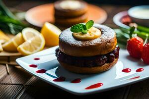 un' piatto con un' torta e fragole su esso. ai-generato foto