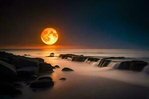 il Luna sorge al di sopra di il oceano e rocce. ai-generato foto