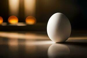 un uovo seduta su un' tavolo nel davanti di candele. ai-generato foto
