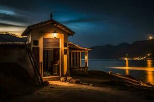 un' piccolo Casa su il riva di un' lago a notte. ai-generato foto