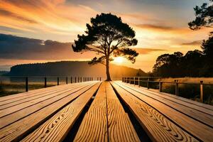 un' albero sta solo su un' di legno molo a tramonto. ai-generato foto