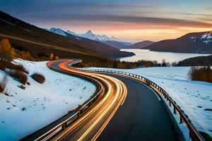 un' lungo esposizione foto di un' strada nel il neve. ai-generato