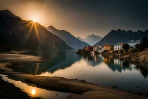 il sole sorge al di sopra di un' lago e montagna gamma. ai-generato foto