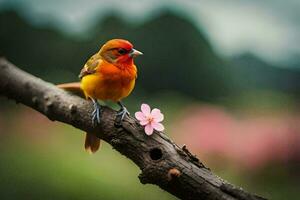 un' piccolo arancia uccello si siede su un' ramo con un' rosa fiore. ai-generato foto