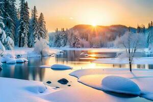 un' bellissimo inverno scena con neve coperto alberi e un' fiume. ai-generato foto