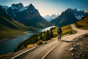 un' uomo equitazione un' bicicletta su un' montagna strada vicino un' lago. ai-generato foto