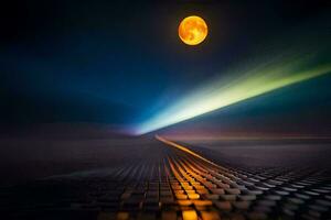 un' lungo strada con un' luminosa Luna nel il cielo. ai-generato foto