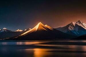 un' montagna gamma è riflessa nel il acqua a notte. ai-generato foto
