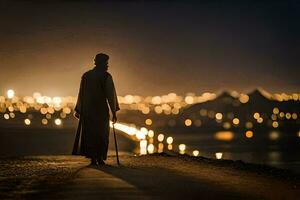un' uomo a piedi lungo un' strada a notte con luci nel il sfondo. ai-generato foto