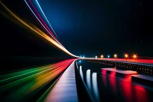 un' lungo esposizione fotografia di un' autostrada a notte. ai-generato foto