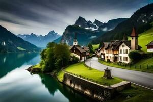 un' lago e montagna villaggio nel il Alpi. ai-generato foto