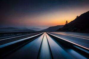 un' lungo esposizione fotografia di un' autostrada a tramonto. ai-generato foto