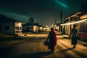 un' donna nel un' rosso vestito passeggiate giù un' strada a notte. ai-generato foto