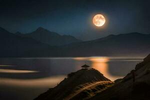 un' pieno Luna sorge al di sopra di un' lago e montagna gamma. ai-generato foto