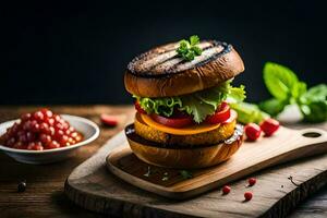 un' Hamburger con verdure e pomodori su un' di legno taglio tavola. ai-generato foto
