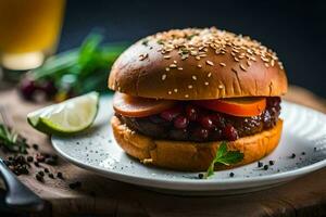 un' Hamburger con verdure e un' lime cuneo. ai-generato foto