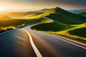 un' avvolgimento strada nel il mezzo di un' verde collina. ai-generato foto