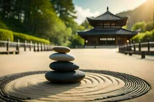 un' zen giardino con pietre e un' pagoda nel il sfondo. ai-generato foto