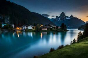 lago e montagne a tramonto. ai-generato foto