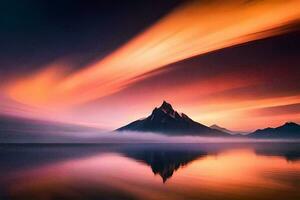 un' montagna con un' luminosa arancia cielo e un' riflessione nel il acqua. ai-generato foto