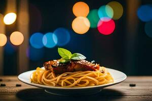 spaghetti con carne e basilico su un' piatto. ai-generato foto