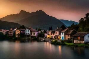 foto sfondo il cielo, montagne, lago, il villaggio, il tramonto, il montagne, il. ai-generato