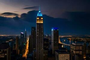 il impero stato edificio è illuminato su nel blu a notte. ai-generato foto