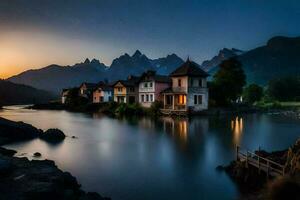 un' Casa si siede su il riva di un' fiume a tramonto. ai-generato foto