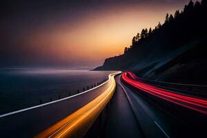 un' lungo esposizione fotografia di un' autostrada a tramonto. ai-generato foto