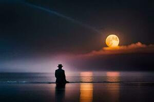 un' uomo nel un' cappello sta su il spiaggia Guardando il pieno Luna. ai-generato foto