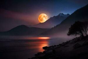 un' pieno Luna è visto al di sopra di il acqua e montagne. ai-generato foto