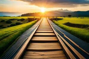 un' di legno ponte conduce per un' tramonto al di sopra di un' verde campo. ai-generato foto