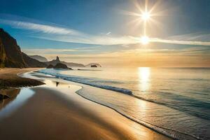 il sole brilla al di sopra di il oceano e un' spiaggia. ai-generato foto