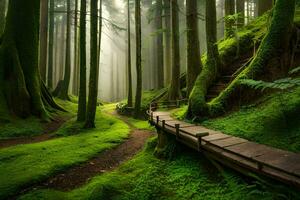 un' sentiero attraverso un' verde foresta con alberi e muschio. ai-generato foto