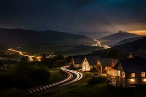 un' notte tiro di un' montagna villaggio con luci Su. ai-generato foto