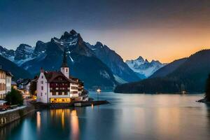 un' lago e montagne a tramonto. ai-generato foto