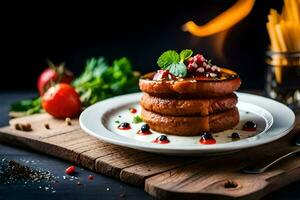 un' pila di Pancakes con salsa e pomodori. ai-generato foto