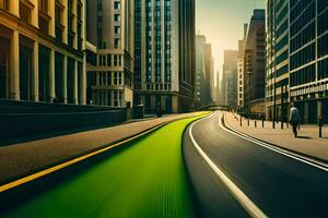 un' città strada con un' verde linea su esso. ai-generato foto