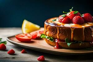 un' torta con fragole e Limone su un' di legno tavolo. ai-generato foto