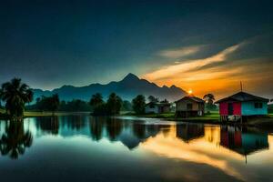 il sole imposta al di sopra di un' lago e alcuni case. ai-generato foto