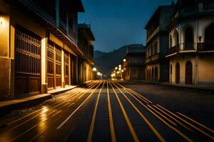 un' strada a notte con luci su il strada. ai-generato foto