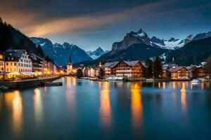 il cittadina di Hallstatt nel il Alpi a notte. ai-generato foto