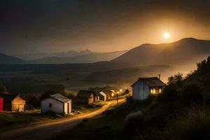 un' piccolo villaggio nel il montagne con un' sole ambientazione dietro a esso. ai-generato foto