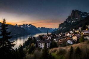 un' cittadina si siede su il bordo di un' lago a tramonto. ai-generato foto