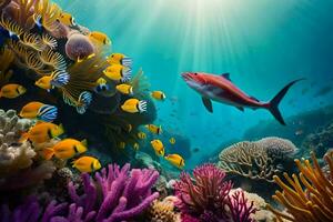 un' colorato corallo scogliera con pesce e altro marino vita. ai-generato foto