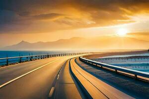 un' autostrada con il sole ambientazione al di sopra di il oceano. ai-generato foto